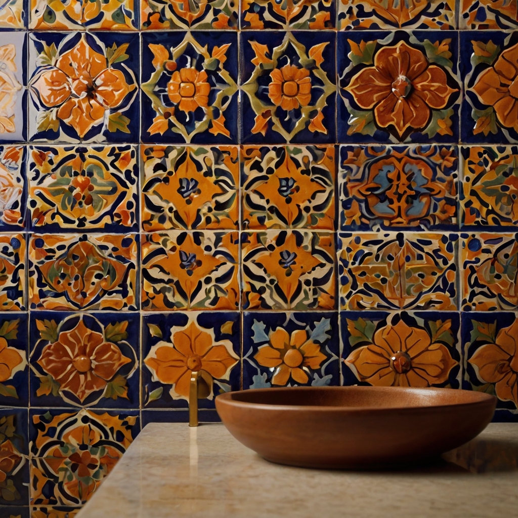 Vibrant hand-painted Talavera tiles in rich blues and warm oranges add Spanish flair. Sunlight enhances their intricate patterns, creating a bold, artistic statement.