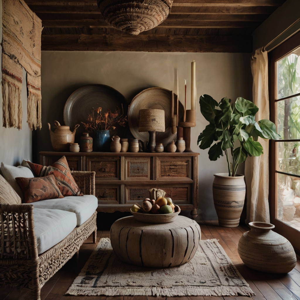 A styled room featuring artisanal pottery, handwoven textiles, and vintage ceramics. Unique, imperfect pieces add character and warmth to the design.