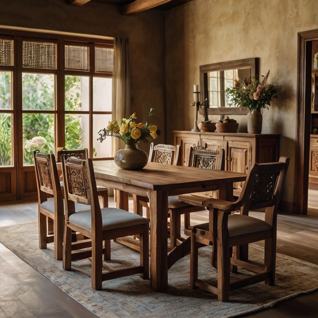 A rustic dining table with rich wood grain, hand-carved details, and vintage charm. Sunlight highlights the smooth surface, surrounded by cozy, well-loved chairs.