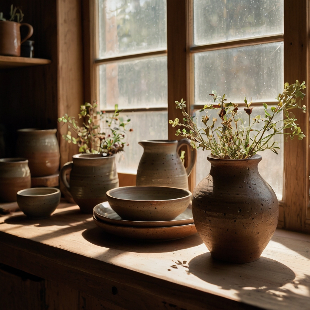 A rustic kitchen with artisanal ceramic mugs, plates, and vases in earthy tones. Natural lighting enhances the handcrafted textures.