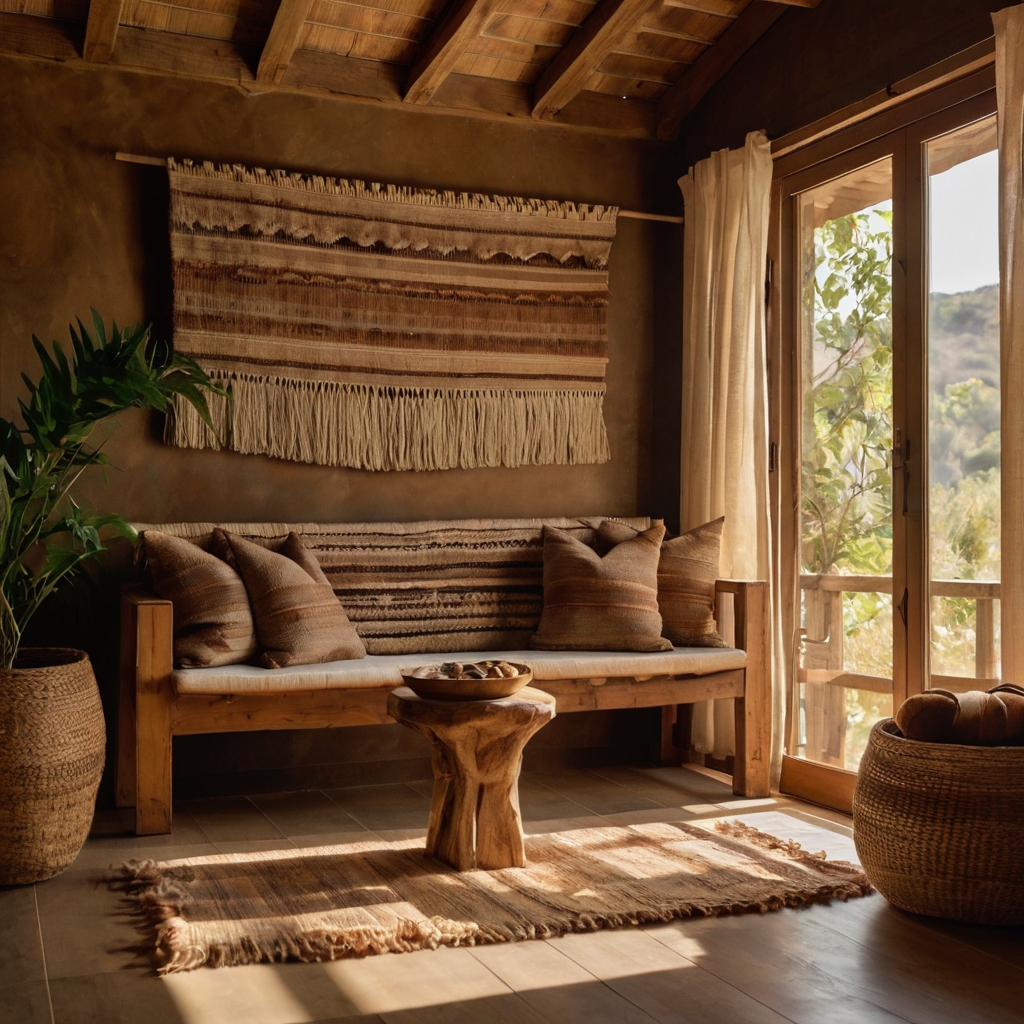 A warm-toned space with handwoven wall tapestries above a rustic bench, bathed in golden evening light.