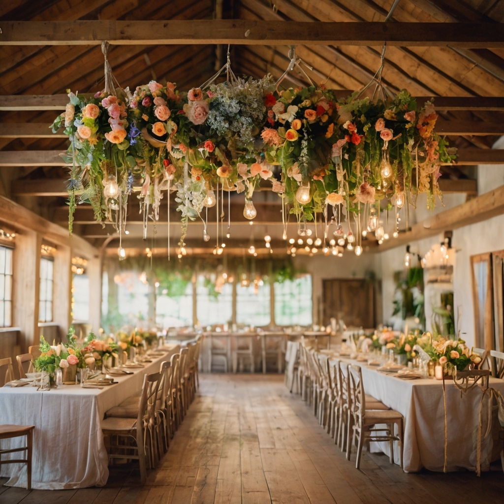 Bohemian-inspired hanging flower baskets with macramé holders and twinkling fairy lights.