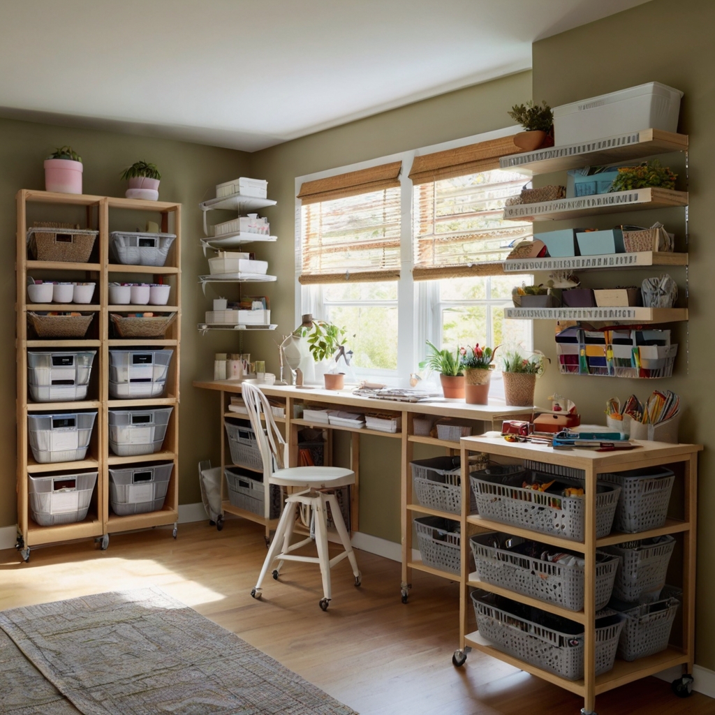 Suspended baskets store lightweight items like ribbons and tools, with natural light highlighting the vertical storage without cluttering the workspace.