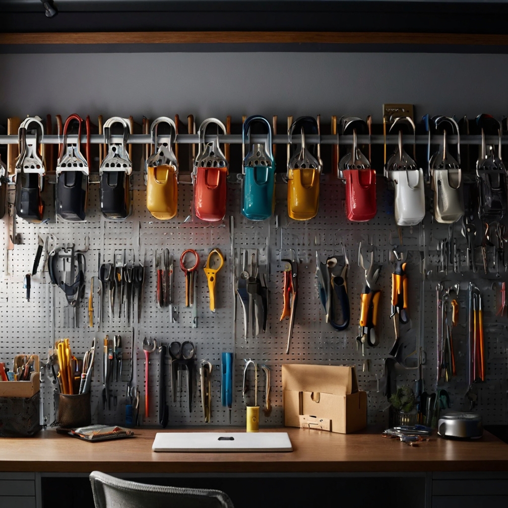 Adjustable rail hooks hold small bins containing tools and materials. Soft lighting highlights the practical and space-saving organization solution.