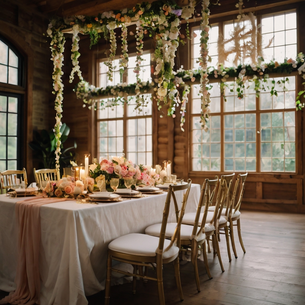 Cascading floral garlands with fairy lights draped over a rustic dining setup for a magical ambiance.