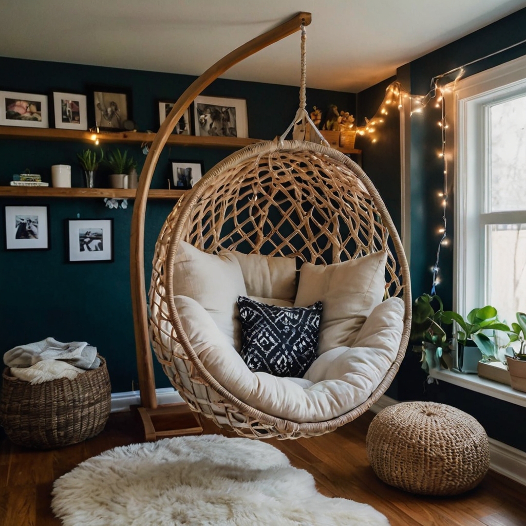 A suspended hammock chair makes the perfect reading spot. Adds comfort while saving space.