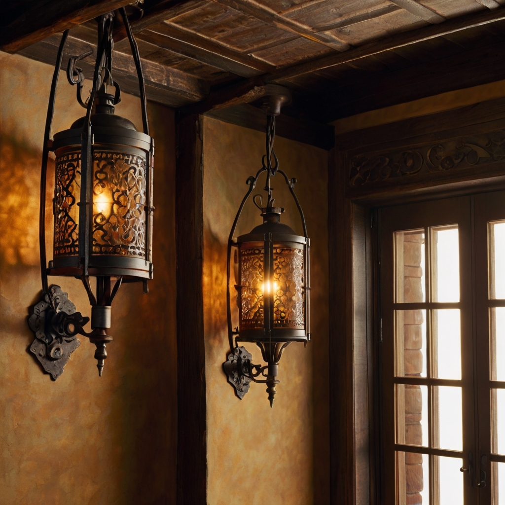 Handcrafted wrought iron lanterns cast warm, intricate patterns on stucco walls. Their soft glow enhances the old-world ambiance of a Spanish retreat.