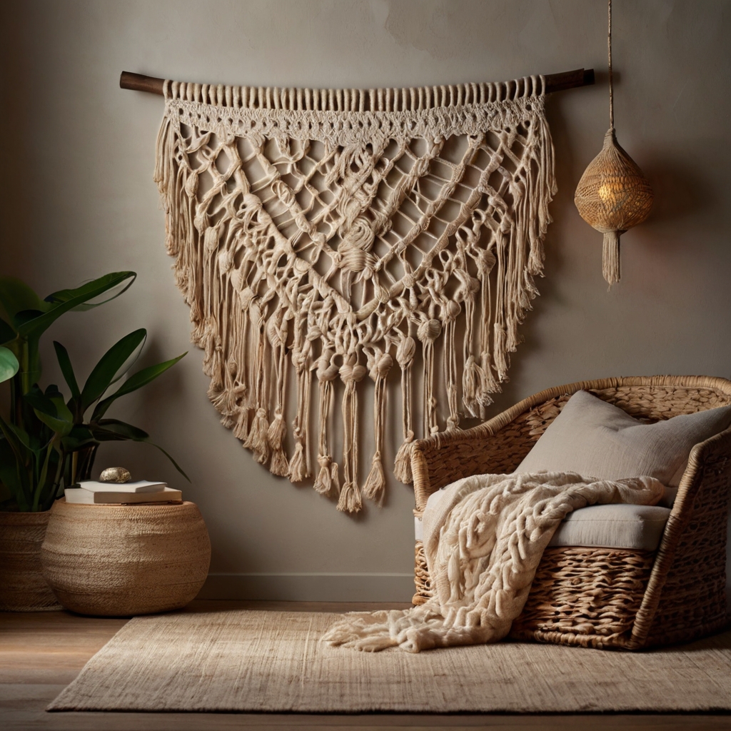 Hand-knotted macramé wall hanging in a boho-inspired room, with soft ambient lighting creating gentle shadows. The intricate details are emphasized in the soft glow.