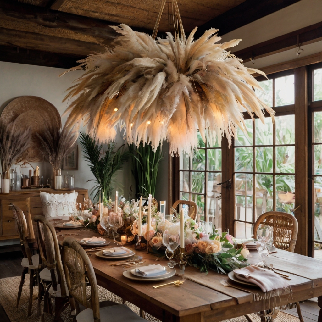 Pampas grass and pastel flowers suspended from a ceiling, adding a rustic boho touch.