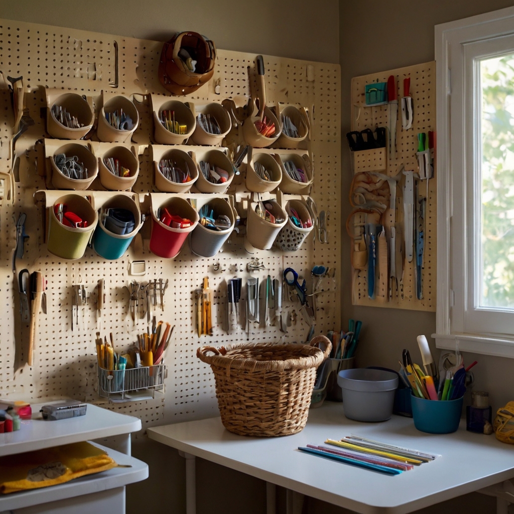 Clip-on baskets hold small tools on a pegboard. Soft lighting highlights their adjustable and flexible organization in the craft room.