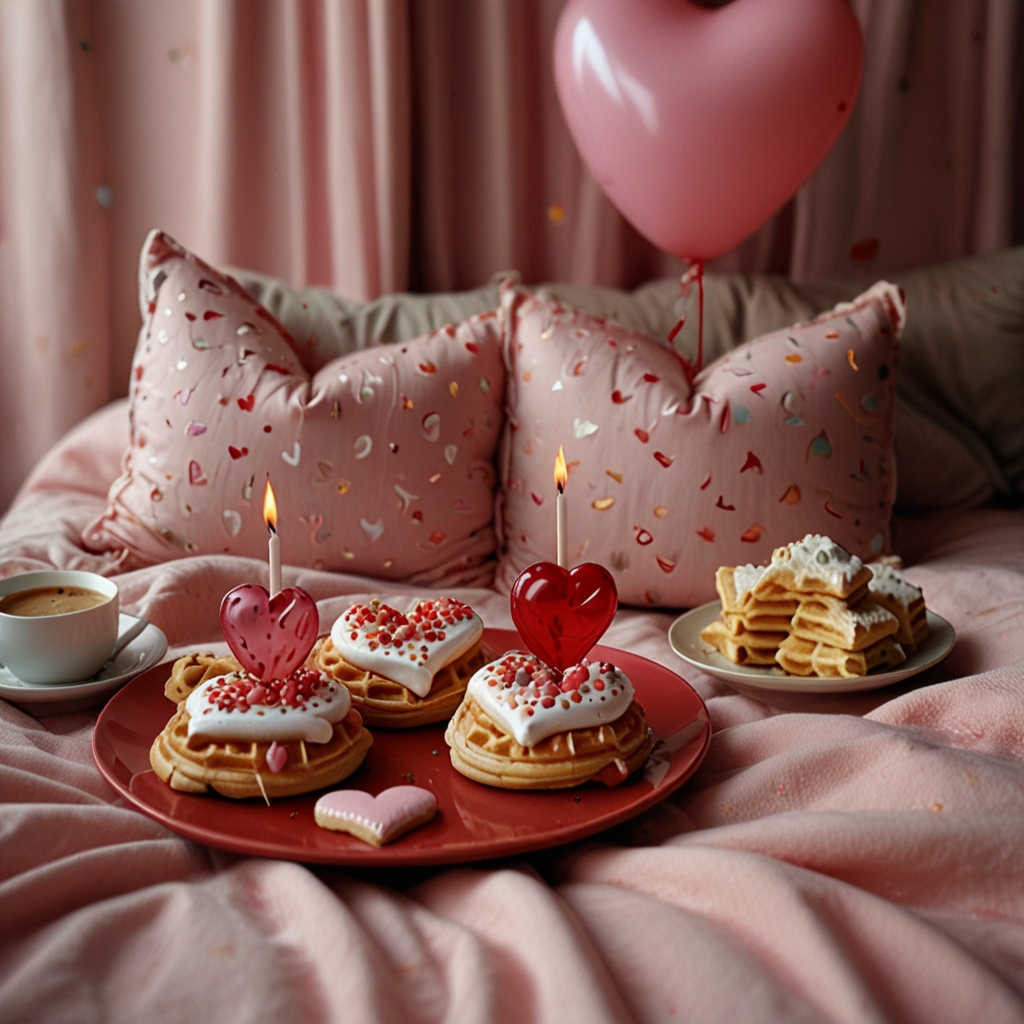 A playful Valentine’s setup filled with heart-shaped decor. Cozy blankets, twinkling lights, and festive colors set a cheerful mood.