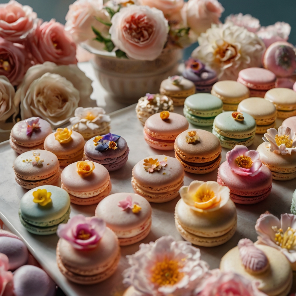 Mini floral-themed desserts, including pastel macarons and candied flowers. Soft backlighting enhances their dreamy, artistic look.