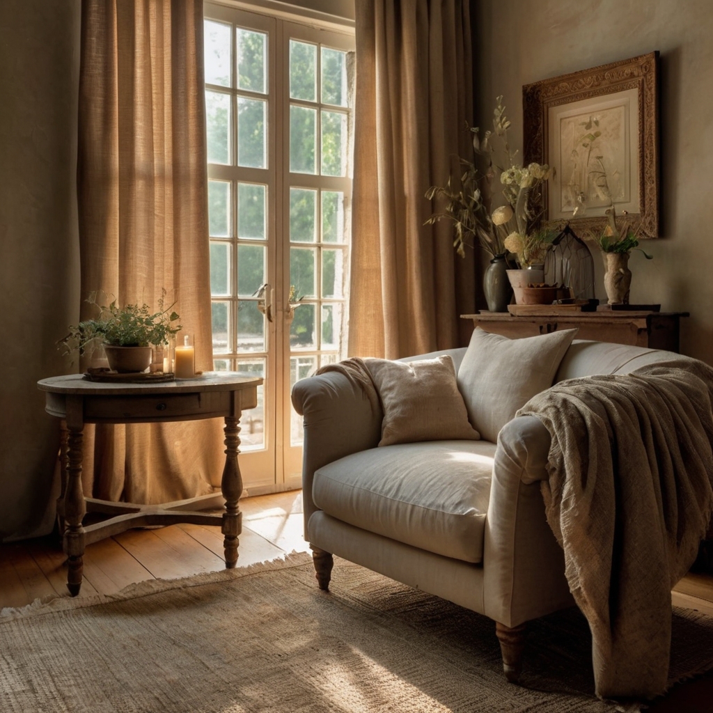 Thick linen panels in neutral tones frame a sunlit window, adding warmth and texture. Their rustic elegance perfectly complements farmhouse interiors.