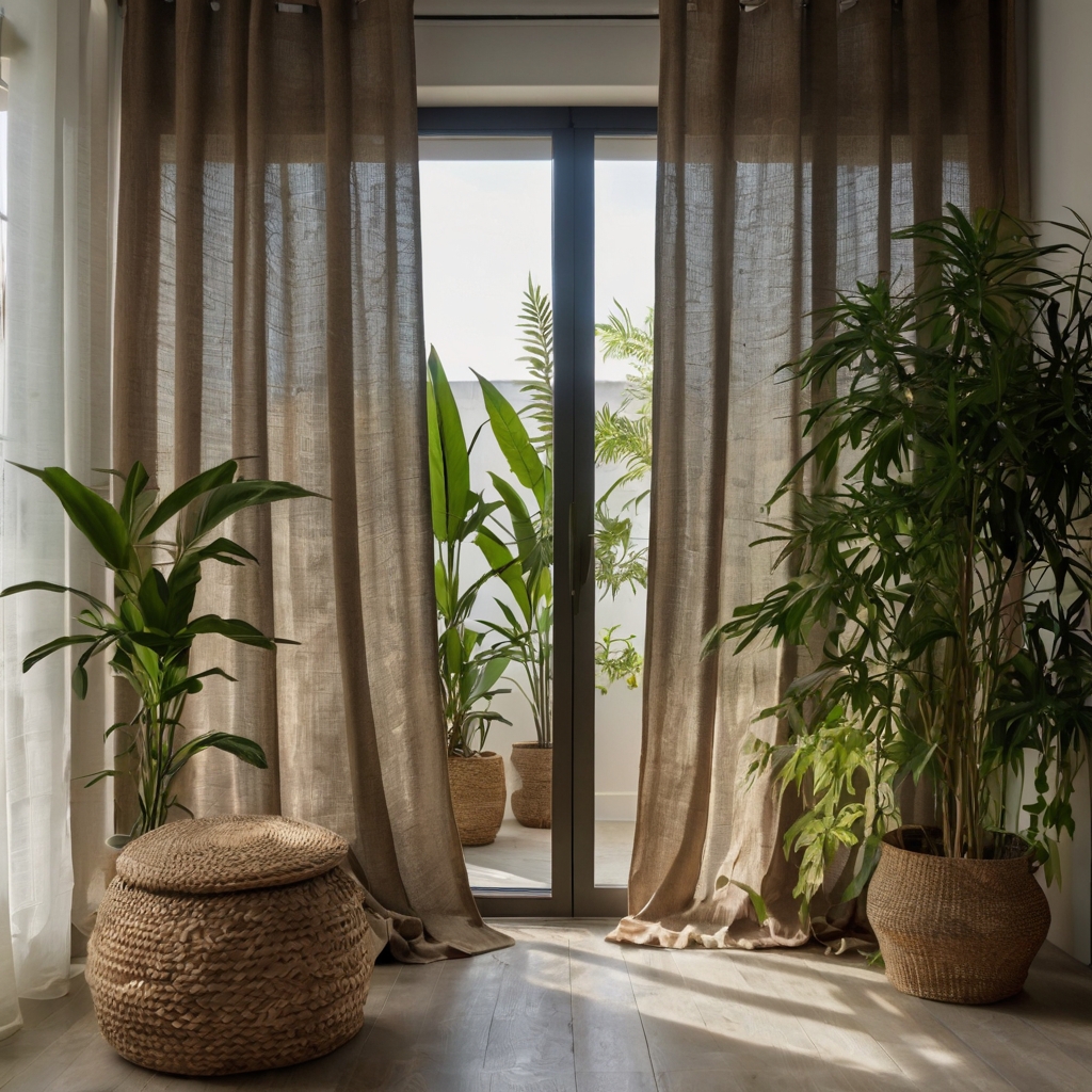 Sustainable hemp curtains in natural tones. Soft daylight highlights the texture of the fabric in an eco-conscious minimalist space.