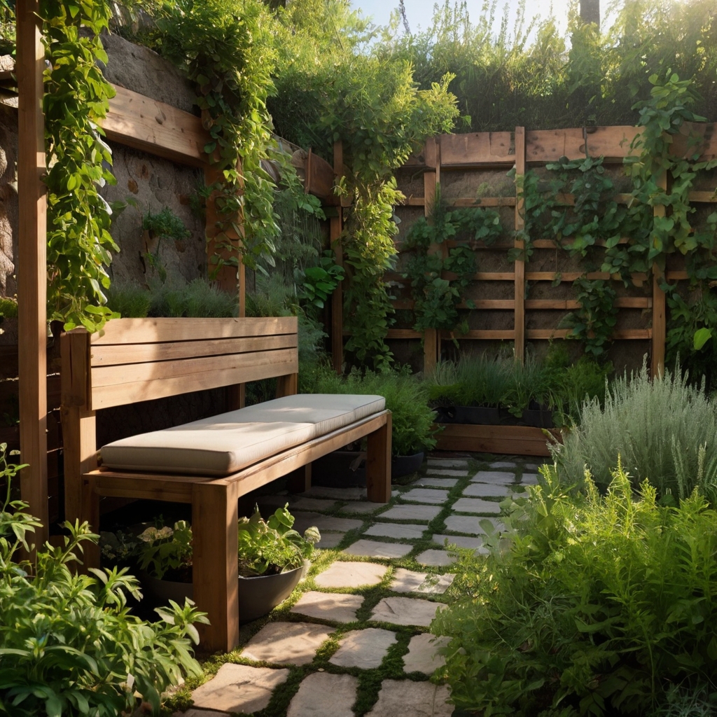 An aromatic courtyard with wooden planters filled with fresh basil, rosemary, and mint. Sunlight enhances the lush greenery and earthy scents.