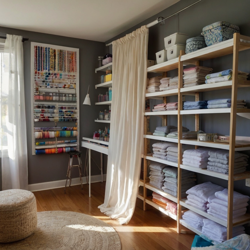 Tension rods and fabric hide shelves filled with supplies, creating a tidy, minimalist craft room with soft light illuminating the hidden storage.