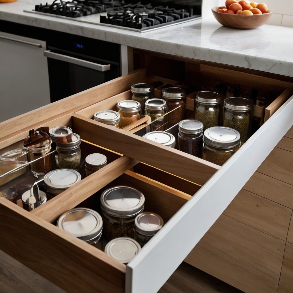 A sleek kitchen with concealed compartments and pull-out organizers. Minimalist cabinetry ensures a clutter-free, modern aesthetic.