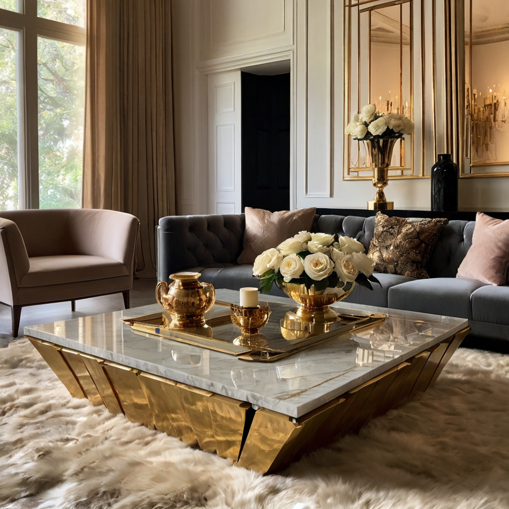 A marble-top coffee table with gold accents adds a touch of luxury. Designer books and fresh flowers complete its sophisticated look.