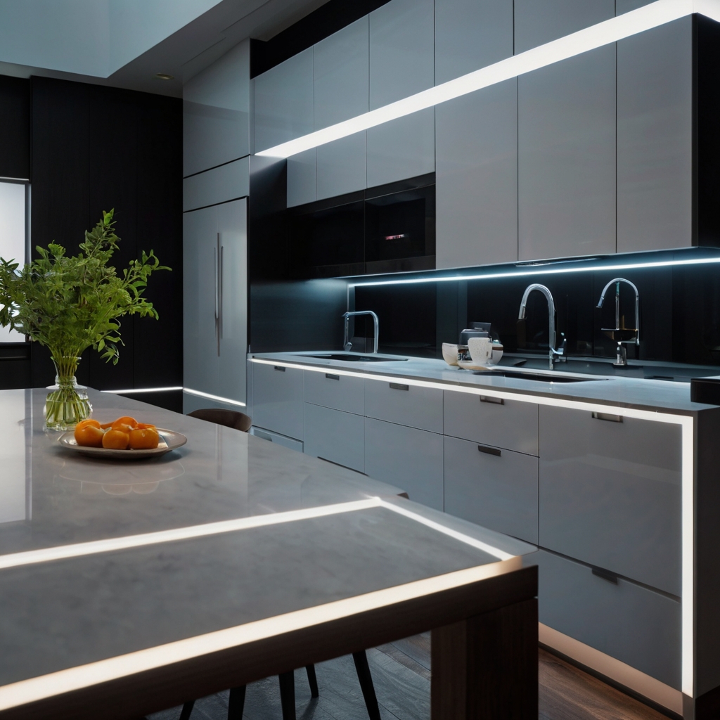 A futuristic kitchen with smart appliances, built-in wireless charging, and LED lighting. Sleek countertops and hidden storage keep the space uncluttered.