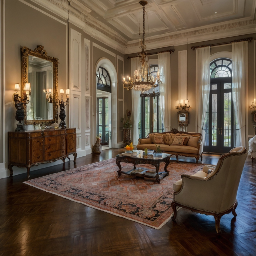 A grand Southern mansion with Corinthian columns, iron railings, and antique chandeliers. Rich wooden floors and ornate crown moldings highlight its timeless elegance.