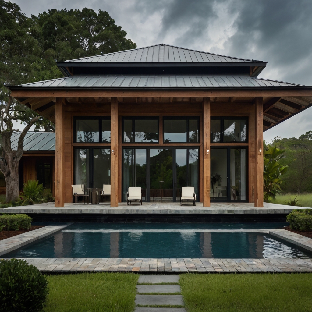 A sturdy coastal home with reinforced beams and storm shutters, built for resilience. Dark storm clouds loom, yet the structure stands strong against the elements.