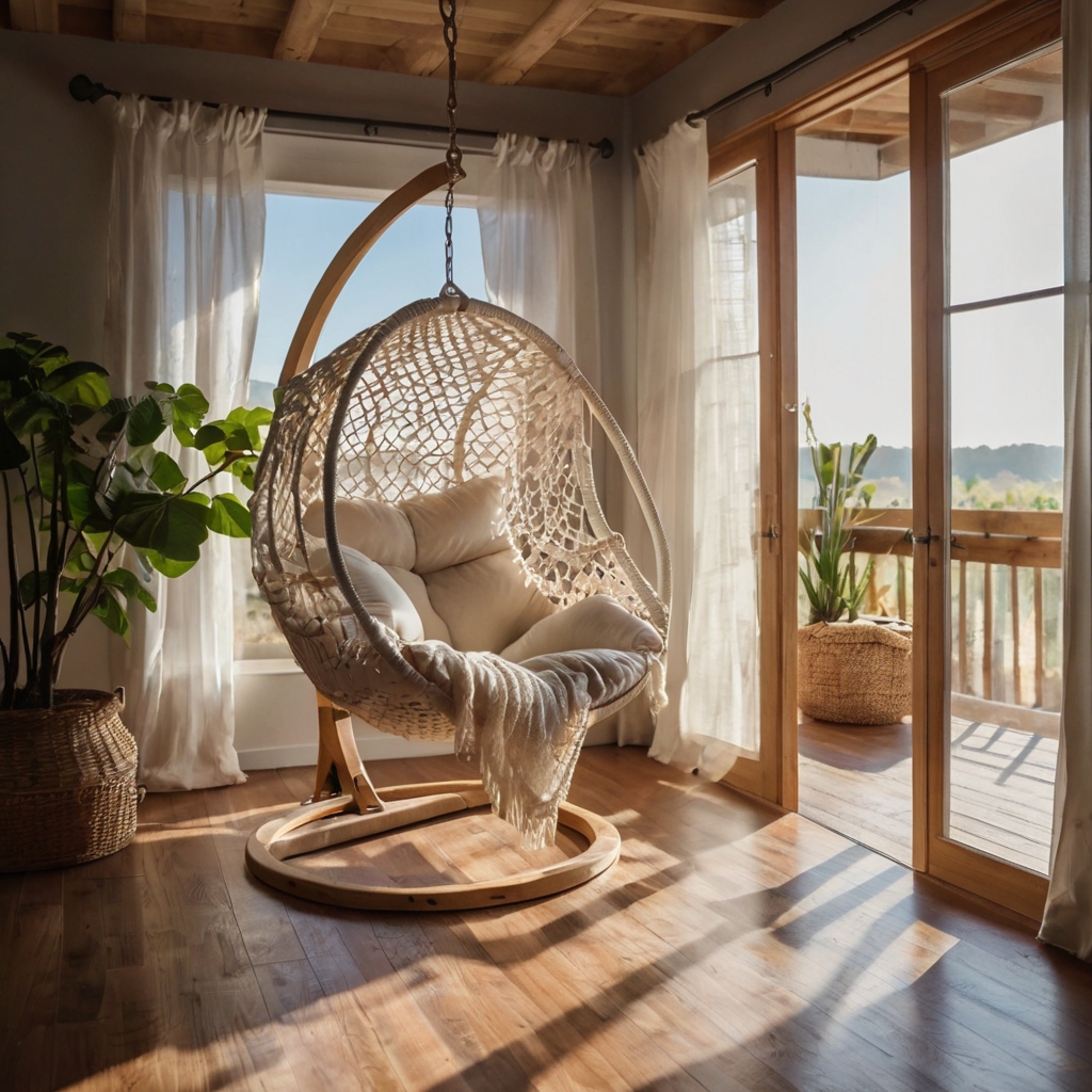 A cozy corner with a suspended white hammock chair, adorned with cushions and bathed in soft natural light.