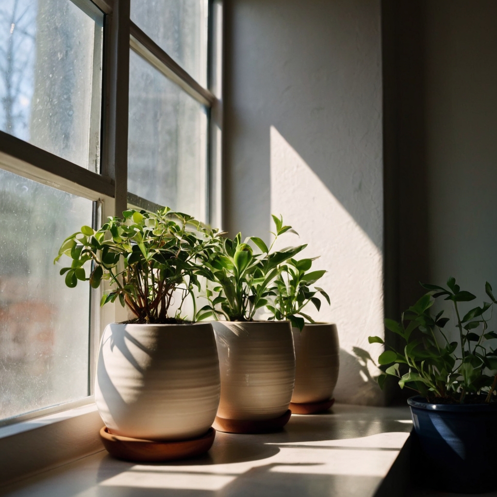 Showcase handmade indoor planters on floating shelves, with natural light highlighting the lush greenery for a fresh look.