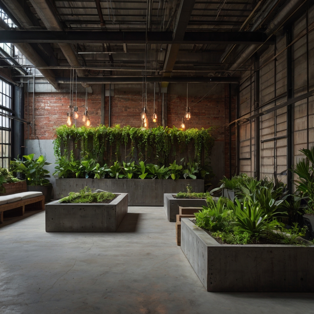 A stylish industrial courtyard featuring raw concrete walls, steel accents, and Edison bulb lighting. Greenery in geometric planters balances the modern edge.