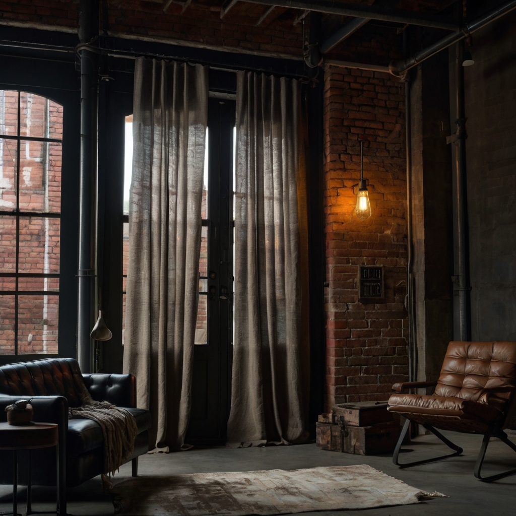 Heavy canvas or linen curtains in dark shades. Strong side lighting highlights the raw, industrial style of the room.