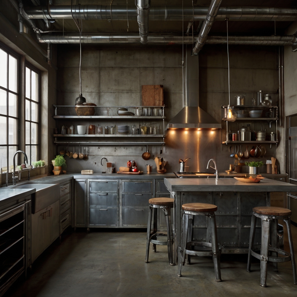 A modern kitchen with a concrete countertop, exposed pipes, and metal stools. Edison bulbs cast a warm glow over the industrial-chic space.