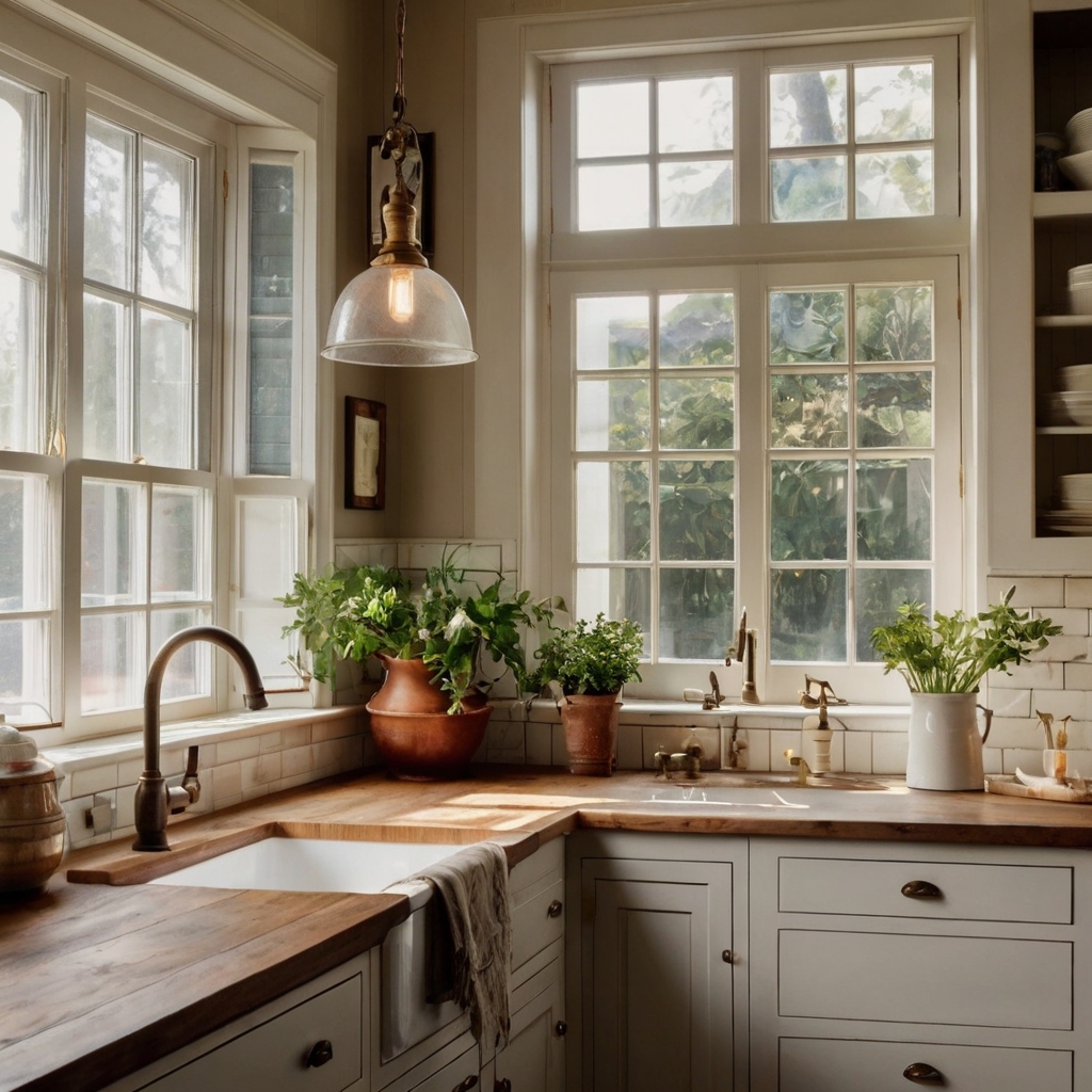 A rustic farmhouse kitchen with a marble countertop, deep apron sink, and open wooden shelves. Natural light and soft pendant lighting create a warm, welcoming environment.