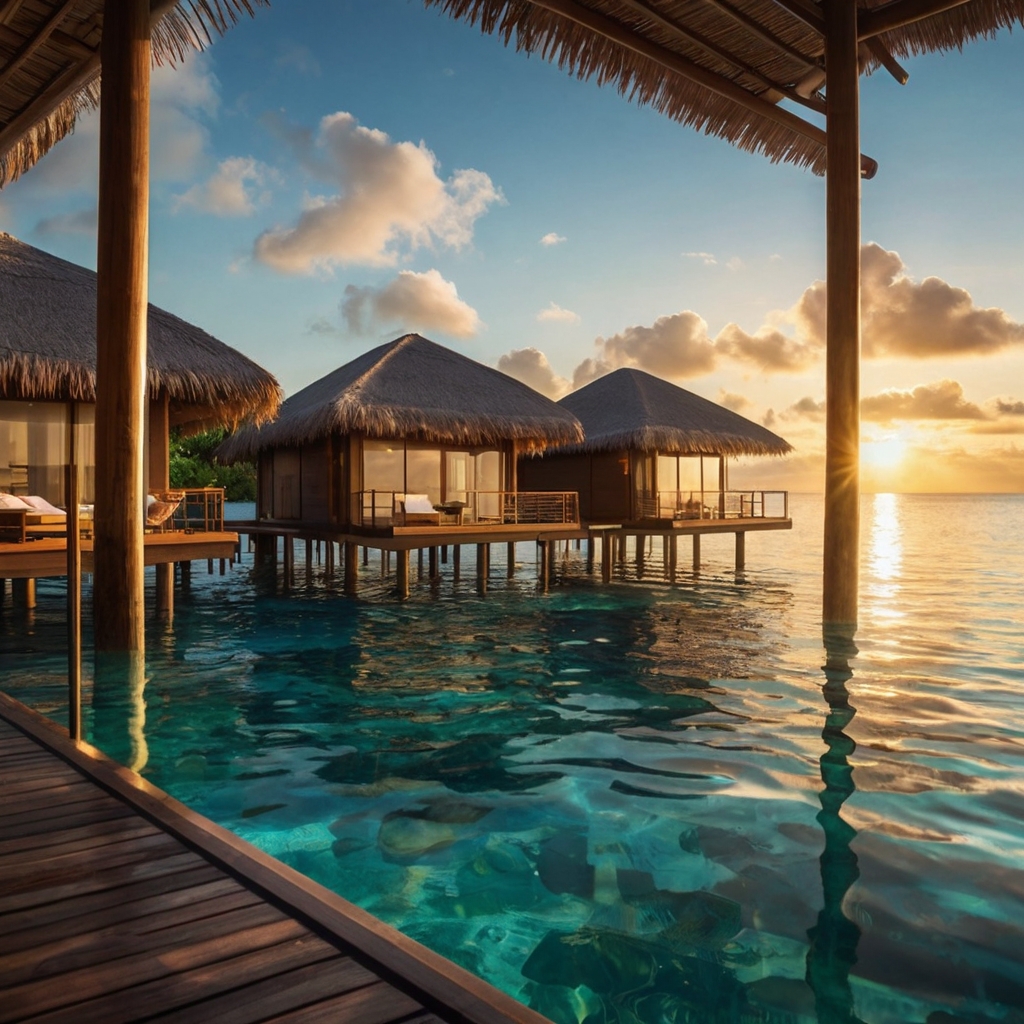 A luxury overwater bungalow above turquoise waters, with a glass floor. White curtains sway in the breeze as the sun sets over the sea.