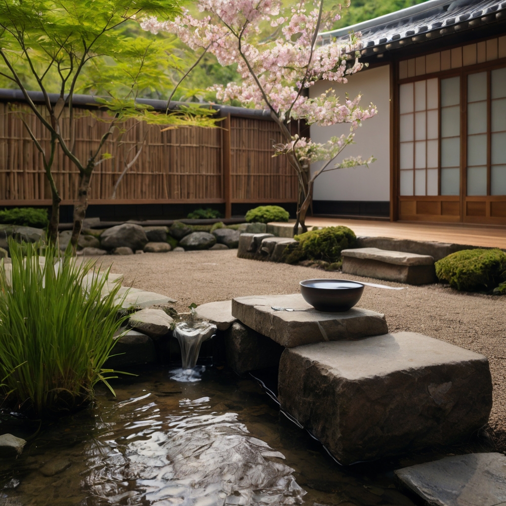 A traditional Japanese courtyard with a koi pond, maple trees, and a stone pathway. Warm light filters through bamboo fences, enhancing serenity.