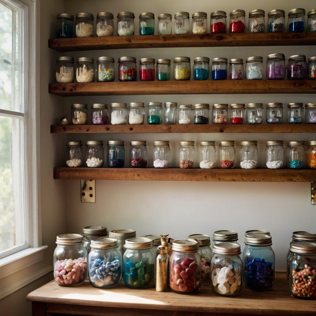 Mason jars mounted on wooden boards store beads and buttons, highlighted by soft overhead lighting. A tidy and charming storage solution.