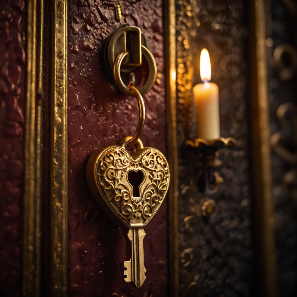 Elegant golden keys unlock glowing heart-shaped locks, their metallic shine reflecting warm candlelight for a romantic, mysterious effect.