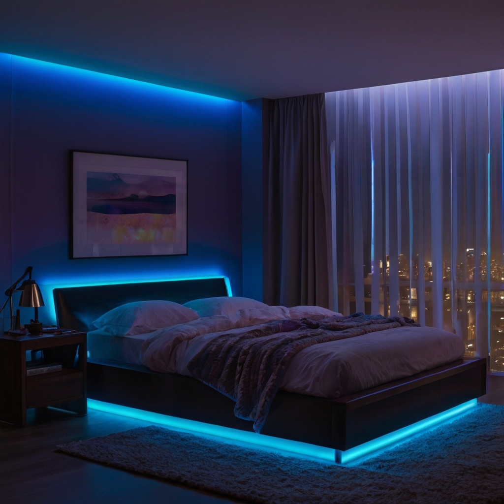 Color-changing LED strips under a desk and bed cast a soft, futuristic glow. The subtle lighting angles reveal sleek room design and enhanced depth.