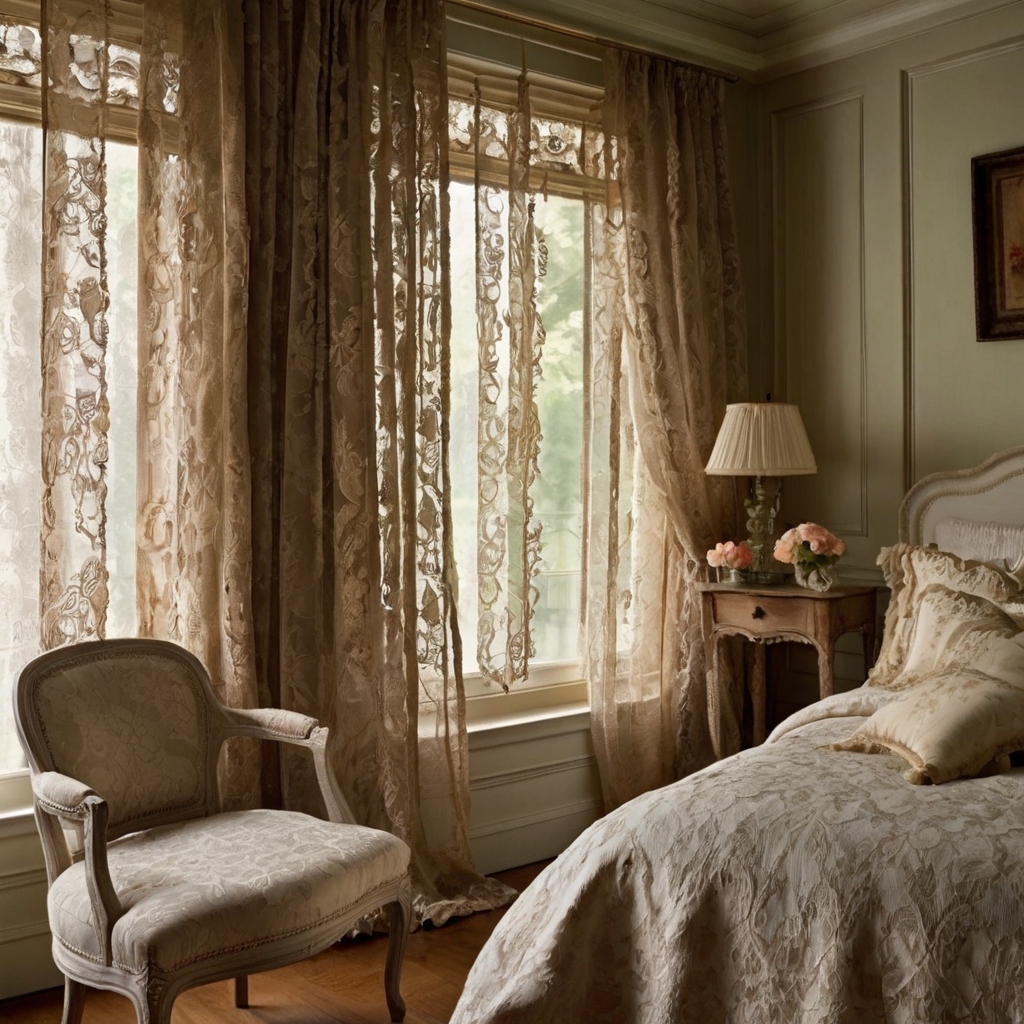 Bring vintage charm with lace curtains that allow soft natural light. Highlight antique furniture with warm, diffused lighting for a serene atmosphere.