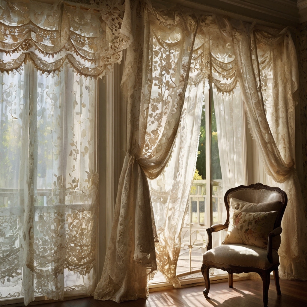 Vintage lace curtains flutter softly over a wide-open window, filtering sunlight with delicate floral patterns. Their airy elegance adds nostalgic romance to any space.