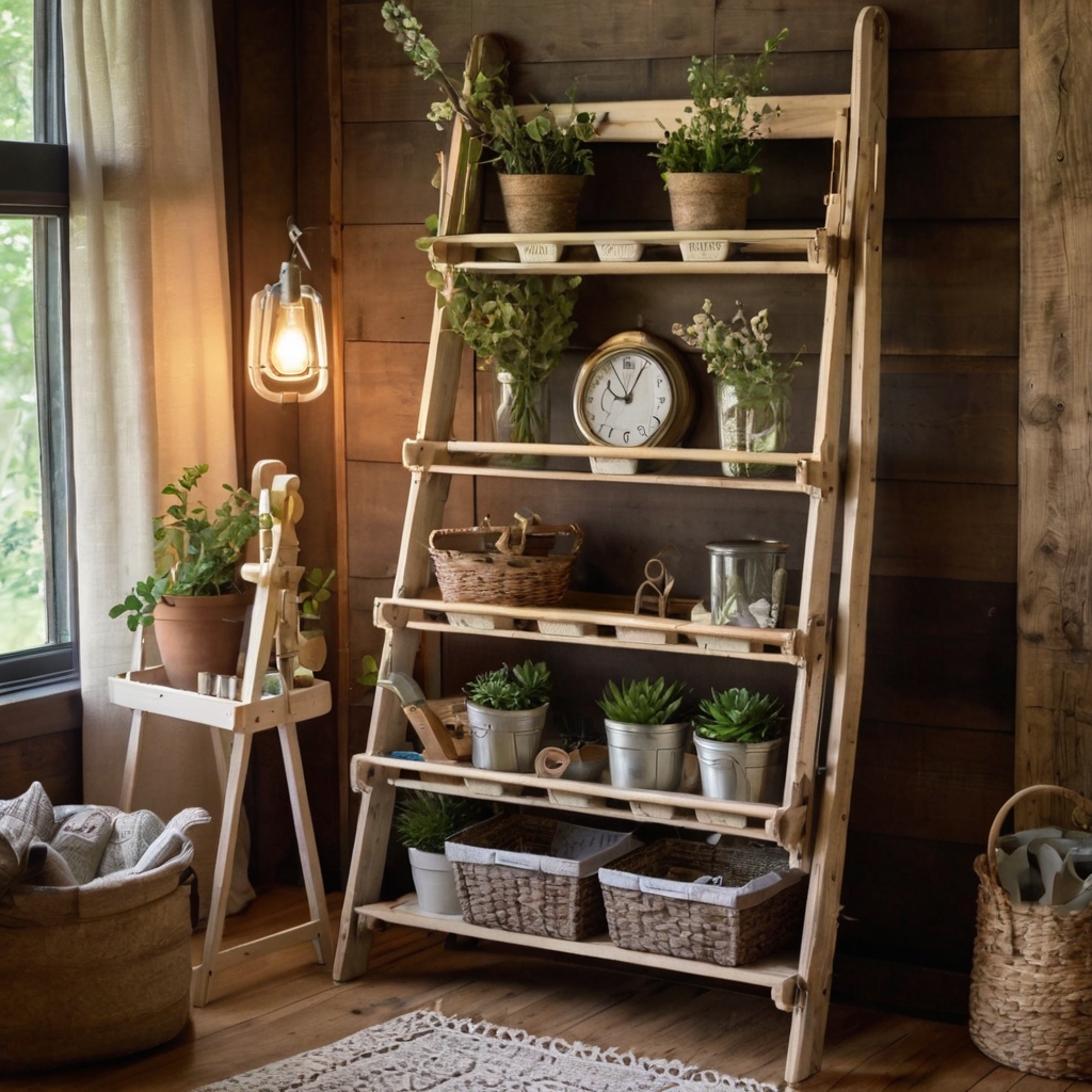 A repurposed ladder displays bins and baskets for storage, with soft lighting emphasizing its rustic charm and functionality in the craft room.