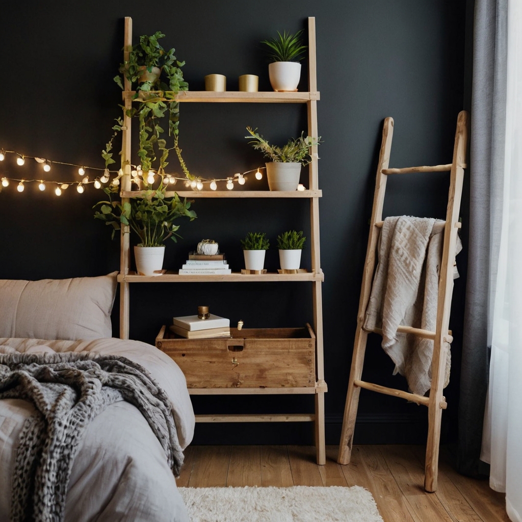 Leaning ladders hold blankets, clothes, or lights. A stylish and functional bedroom hack.