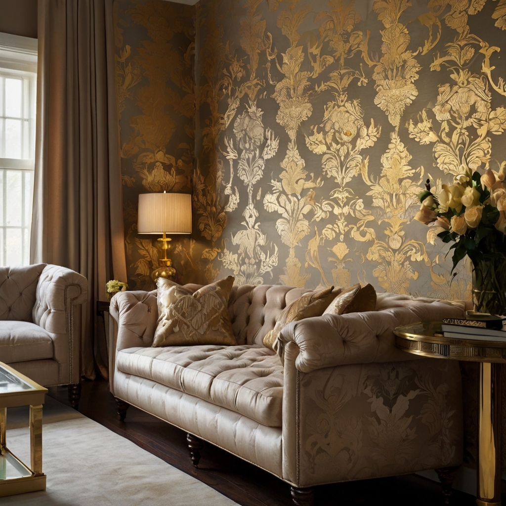 Silk wallpaper with gold and silver damask patterns enhances the grandeur. A tufted velvet sofa and opulent decor complete the space.