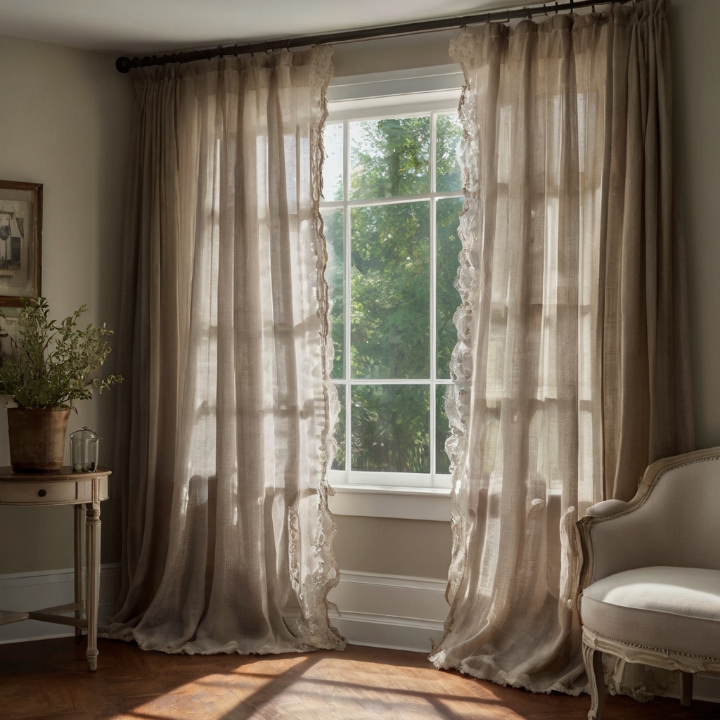 Sheer inner panels and heavy outer drapes create depth and texture in a rustic bedroom. Their balanced design enhances light control and privacy.