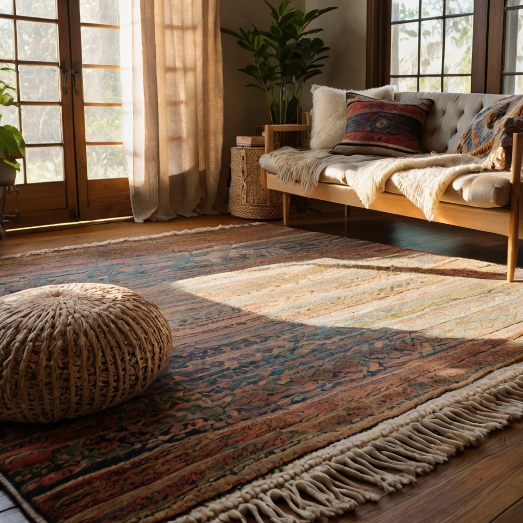 A boho-chic living room featuring overlapping jute and wool rugs, enhancing warmth and texture under a rustic wooden coffee table.