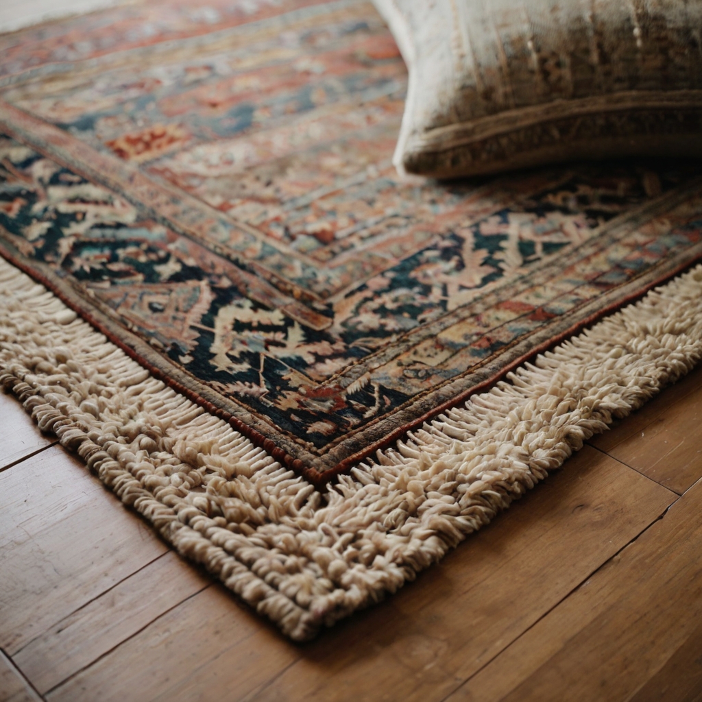 A layered living area with a jute rug beneath a vintage Persian rug. Textural depth and soft neutrals enhance the warmth and comfort of the space.