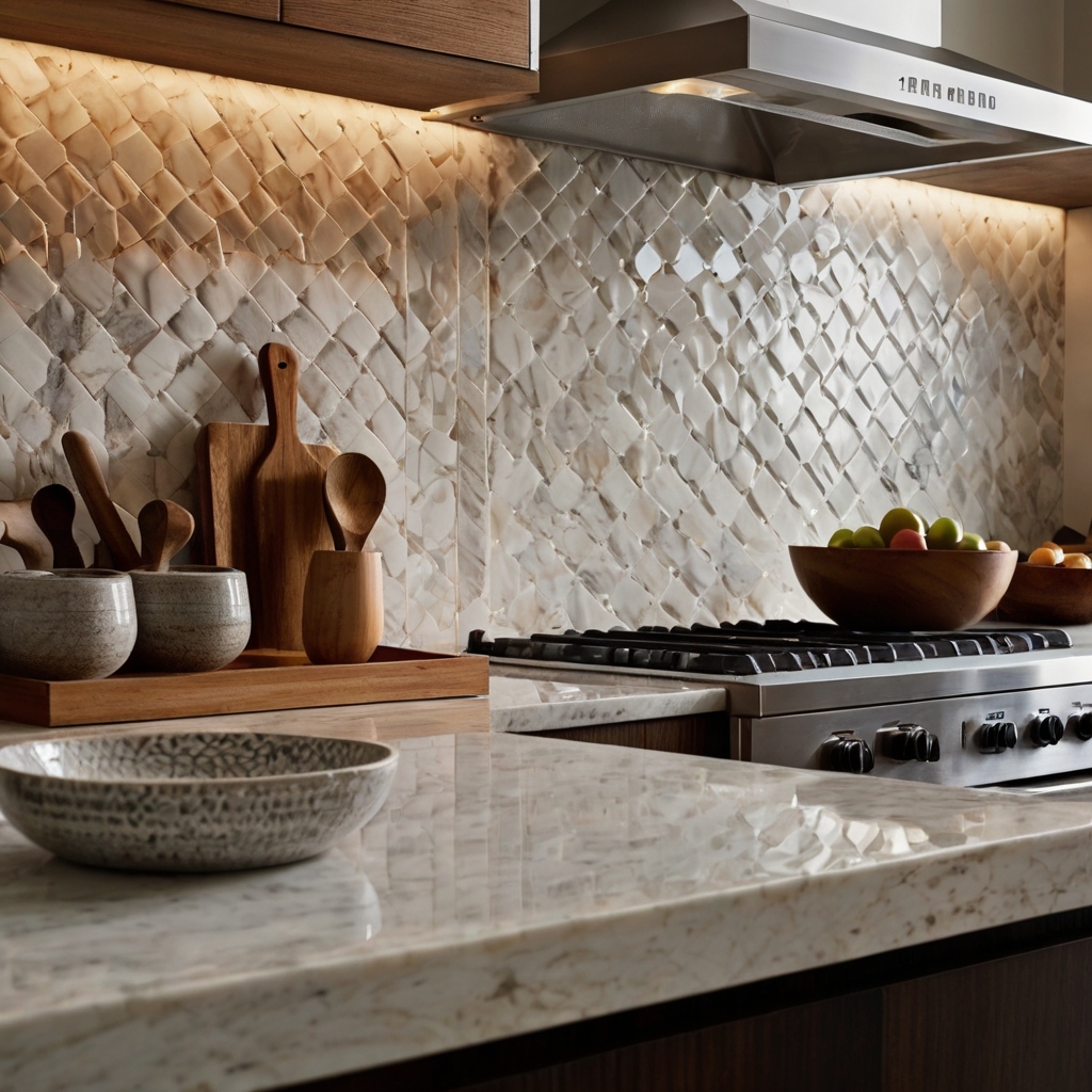 A rich mix of smooth marble, rough stone, and woven accents on a kitchen countertop. Subtle lighting highlights depth and contrast beautifully.