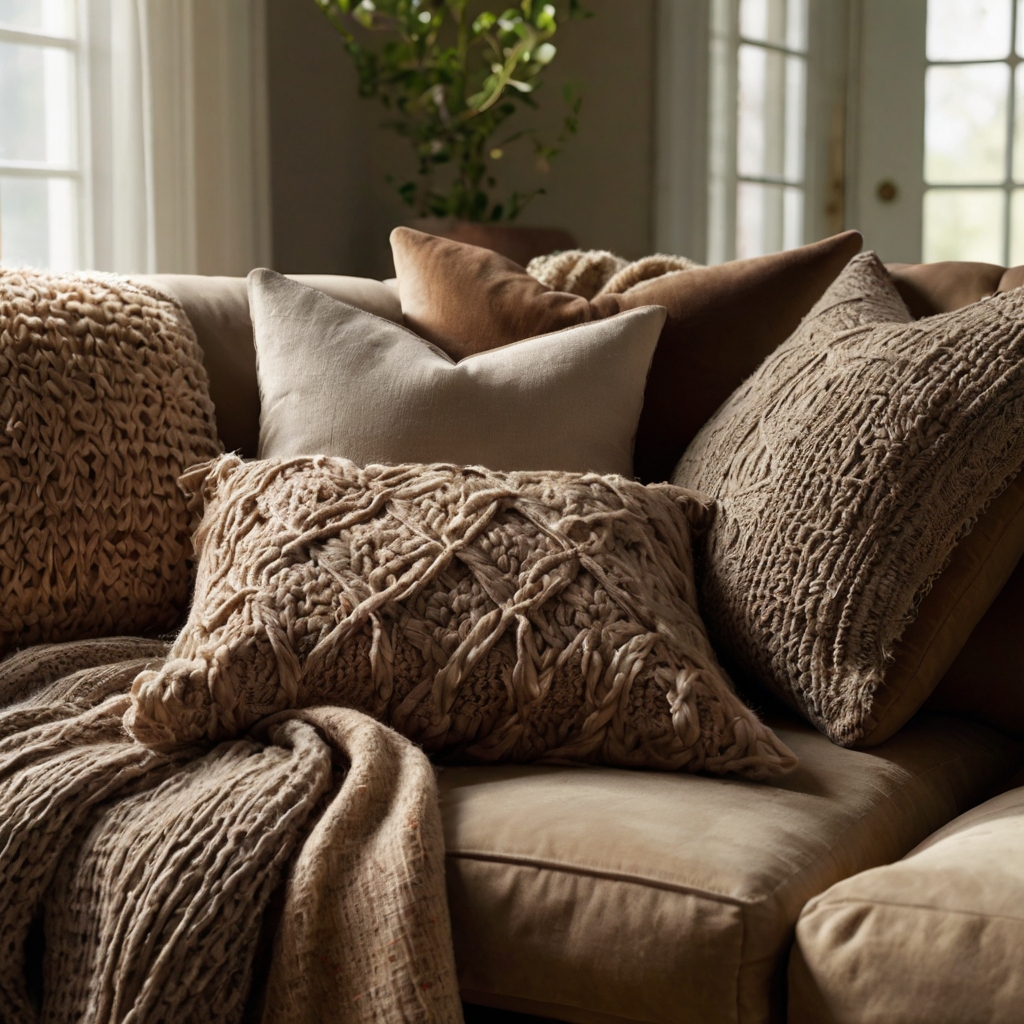 A mix of linen, velvet, and knit throw pillows rests on a brown couch. Soft sunlight highlights their rich textures.