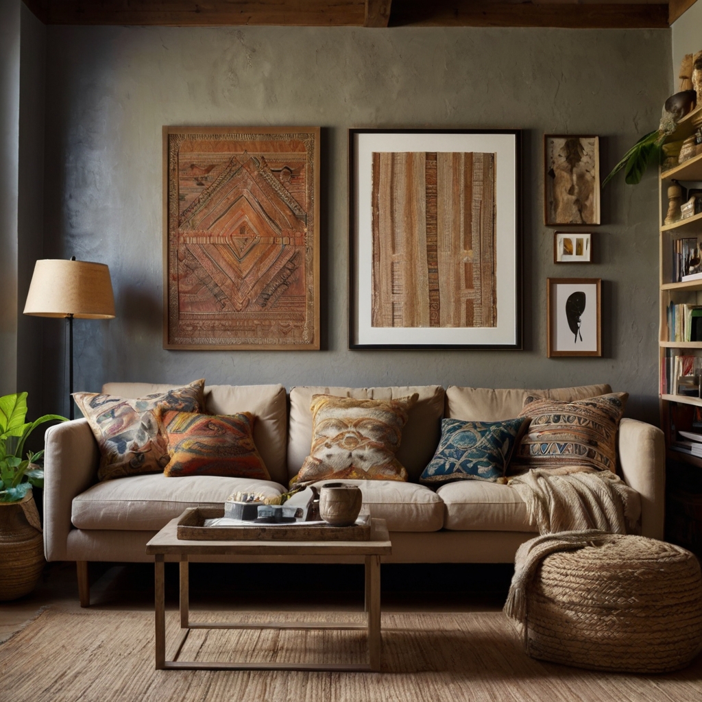 A textured accent wall featuring an eclectic mix of framed paintings, woven textiles, and art prints.