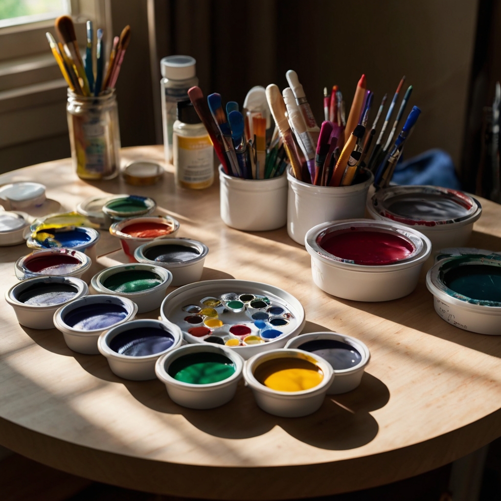 A rotating lazy Susan tray holds paints and markers, with soft directional light emphasizing the accessibility and practicality of the storage.