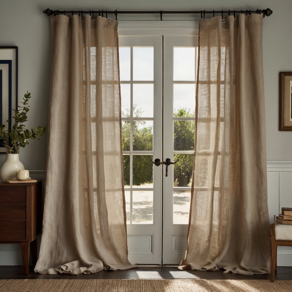 Light linen curtains flowing gently in the breeze. Soft natural light from the window enhances the coastal, rustic theme.