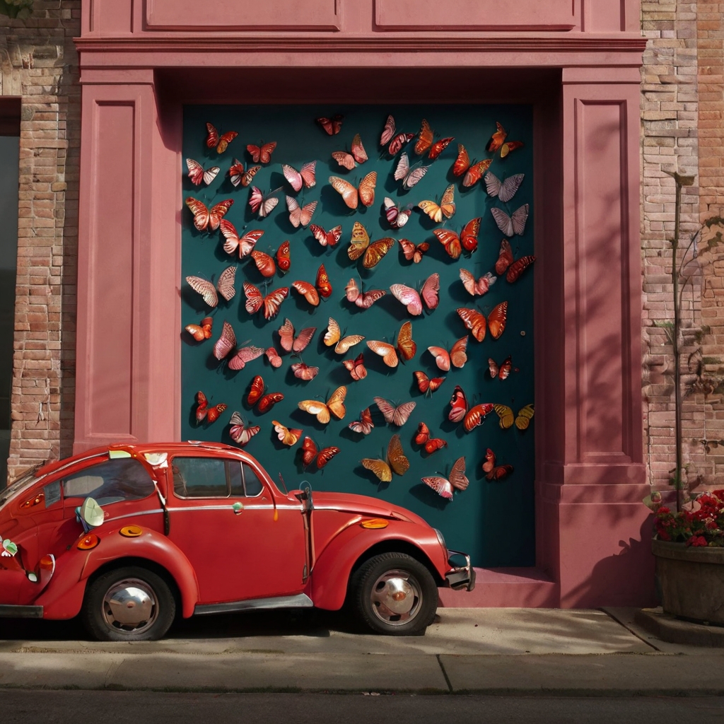 Adorable love bugs—ladybugs, bees, and butterflies—swarm a Valentine's scene, their delicate wings and fuzzy textures glowing under golden light.